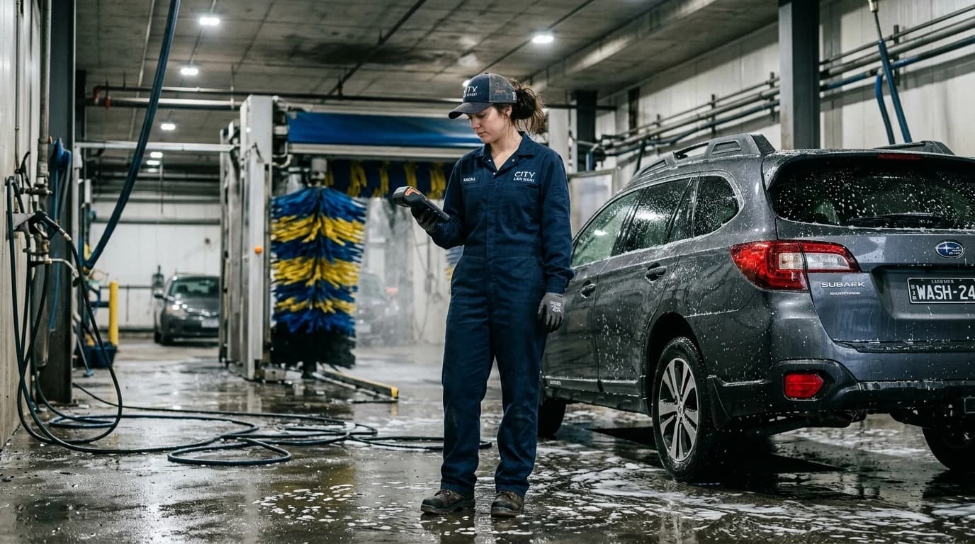 Radnik autopraionice sa mobilnom fiskalnom kasom pored automobila u hali