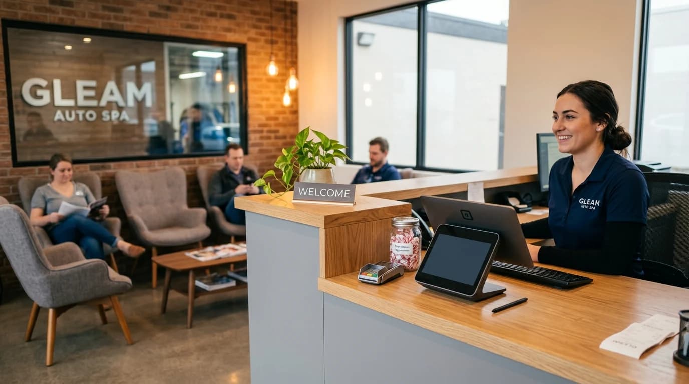 Recepcija autopraionice sa kompaktnom fiskalnom kasom na pultu i čekaonom u pozadini