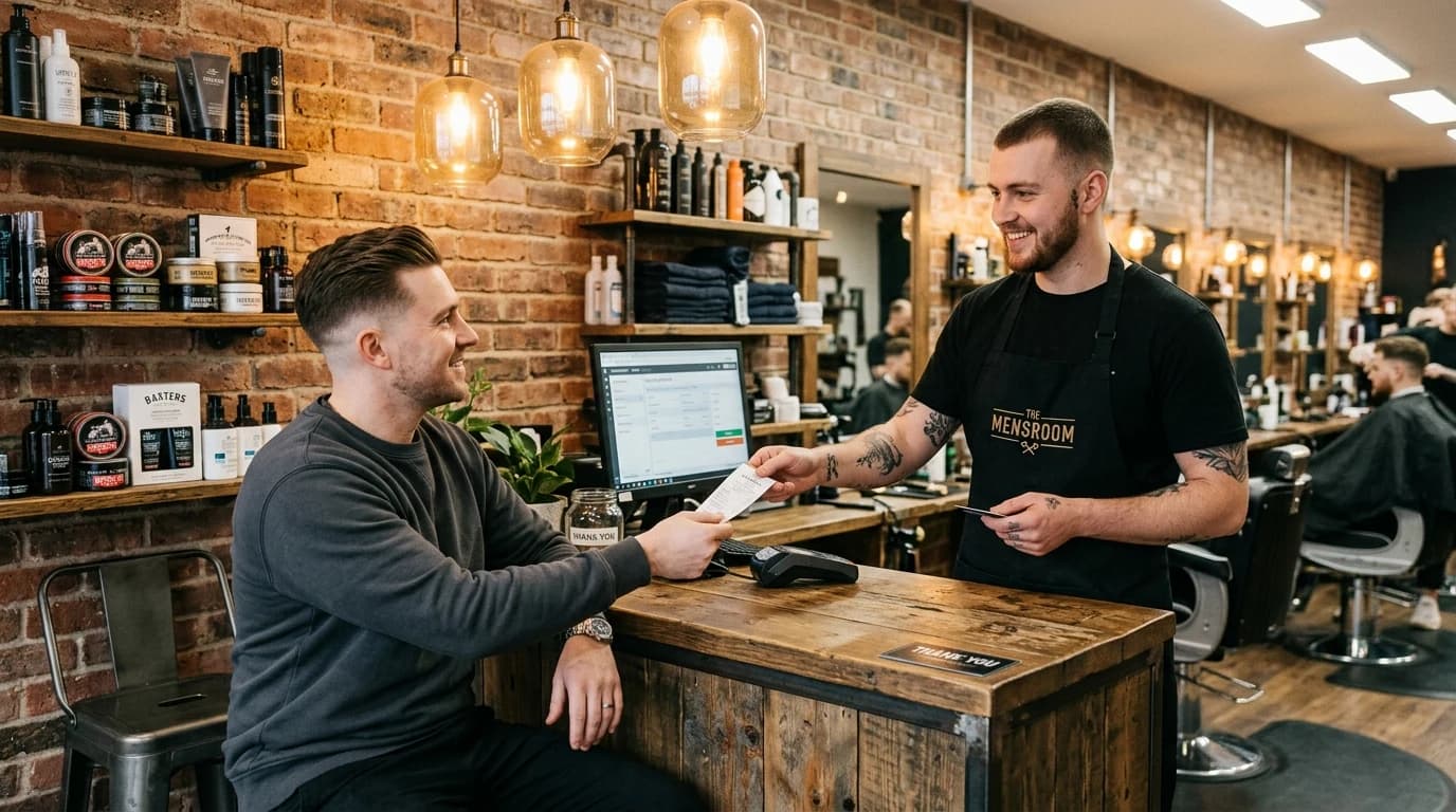Berber i klijent pri plaćanju usluge na blagajni brijačnice