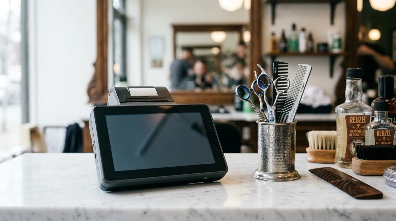 Kompaktni Android POS terminal na pultu brijačnice pored makaza i češlja