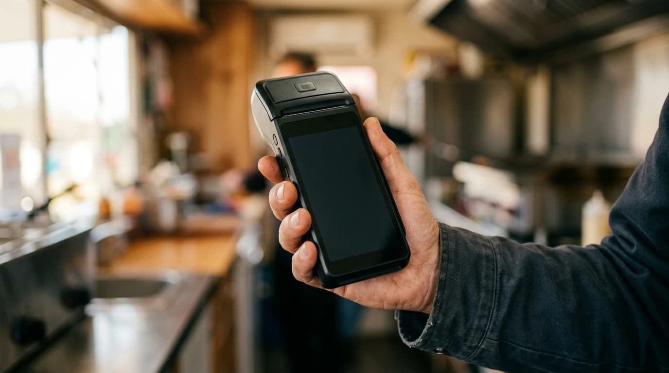 Ruka prodavca drži mobilnu fiskalnu kasu sa praznim ekranom u food trucku