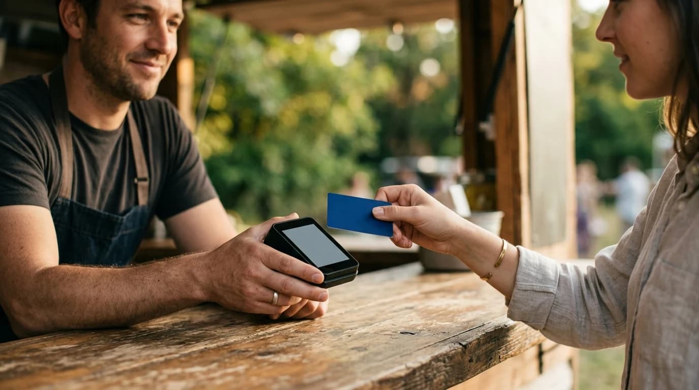 Kupac plaća karticom na mobilnom POS uređaju na pultu food trucka