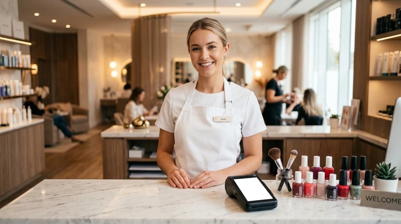 Kozmetičar i klijentica u salonu sa fiskalnom kasom na stolu