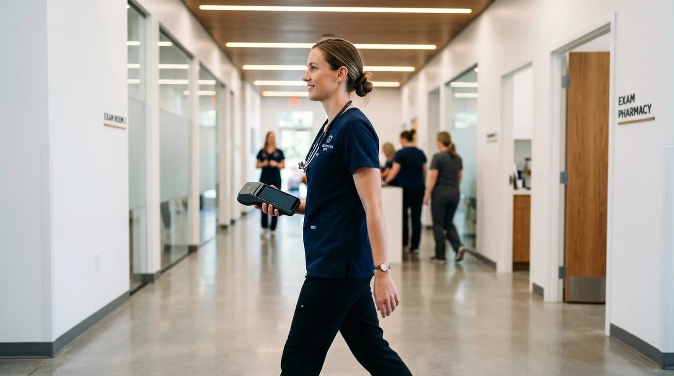 Veterinar nosi prenosnu fiskalnu kasu kroz hodnik veterinarske ordinacije