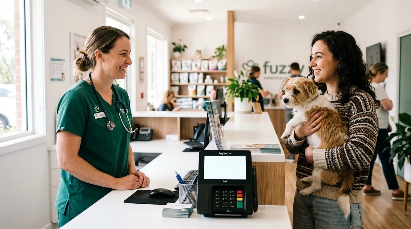 Veterinar i klijent sa psićem na recepciji veterinarske ordinacije sa fiskalnom kasom