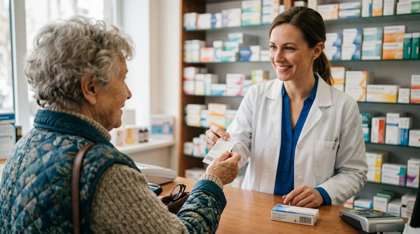Farmaceutkinja predaje račun pacijentu u apoteci
