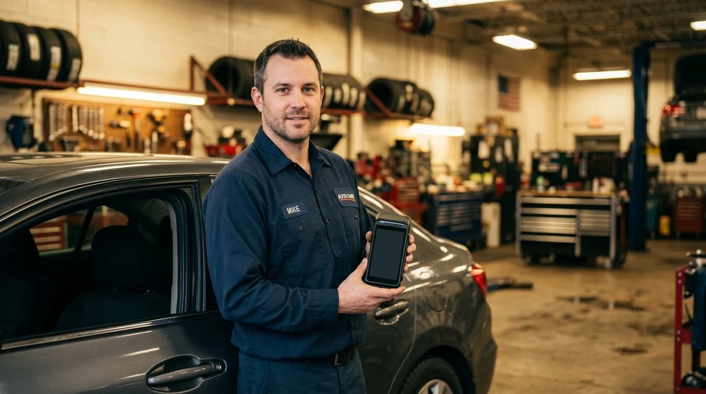 Mehaničar drži mobilnu fiskalnu kasu u auto servisu