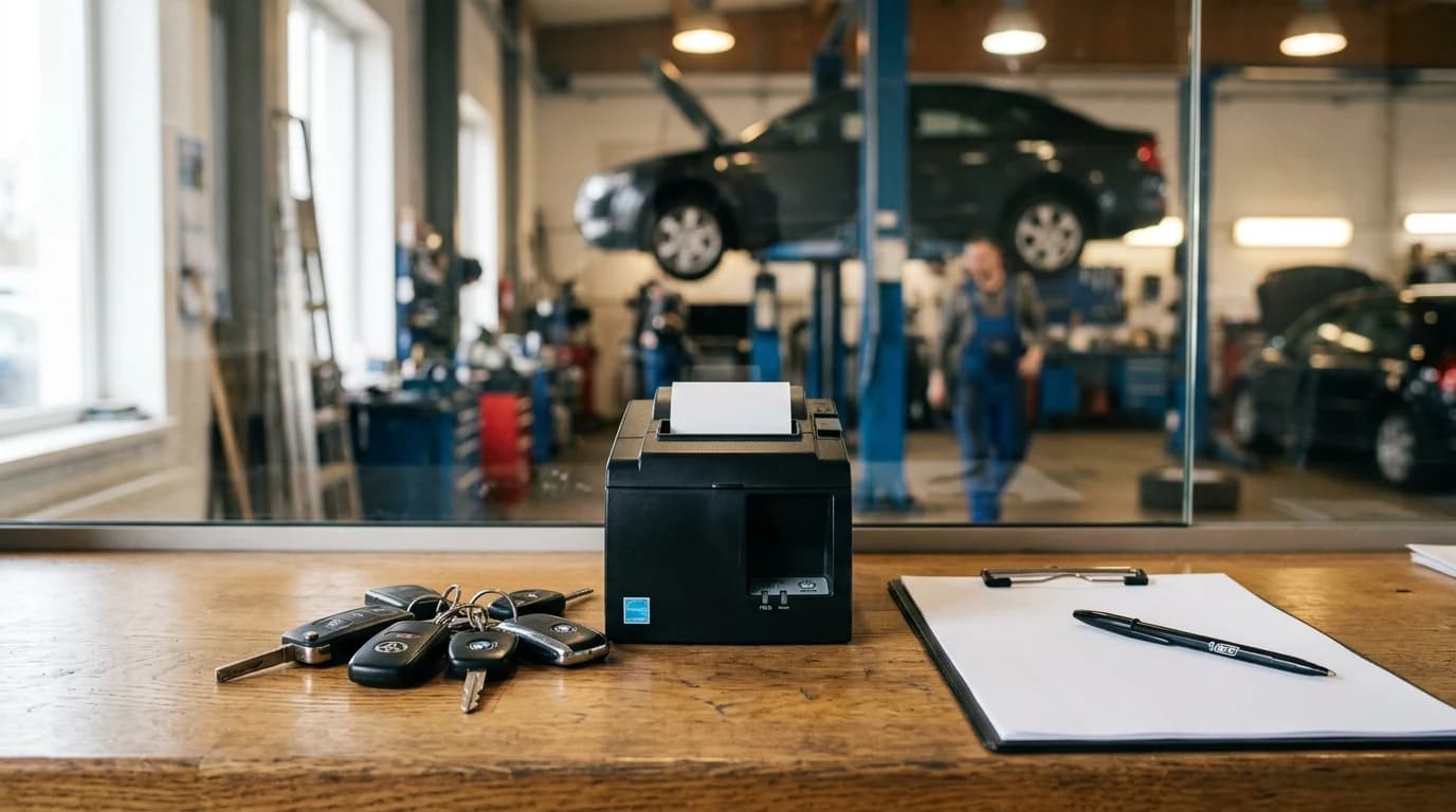 Šalter auto servisa sa ključevima od auta i fiskalnom kasom