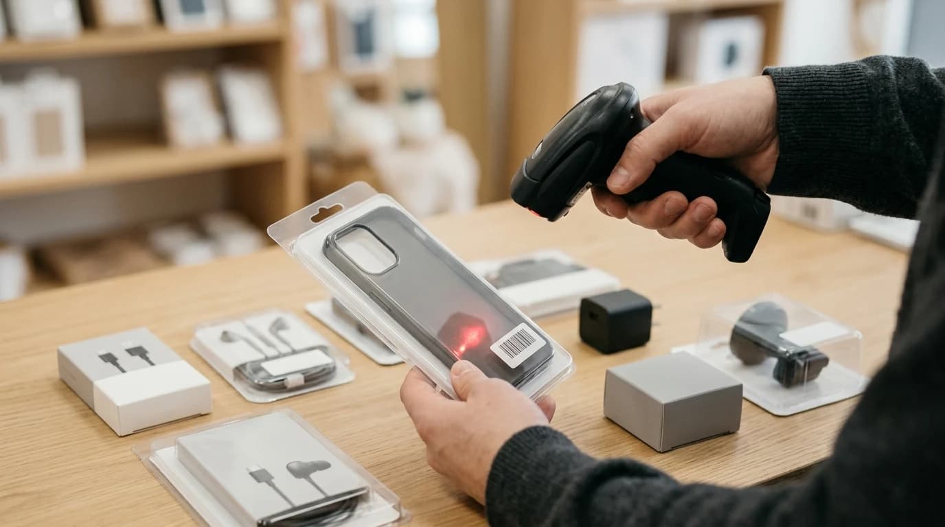 Barkod skener skenira maskicu za telefon na pultu GSM radnje