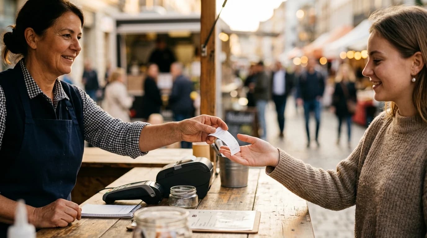 Prodavac predaje štampani fiskalni račun kupcu kroz prozor kioska