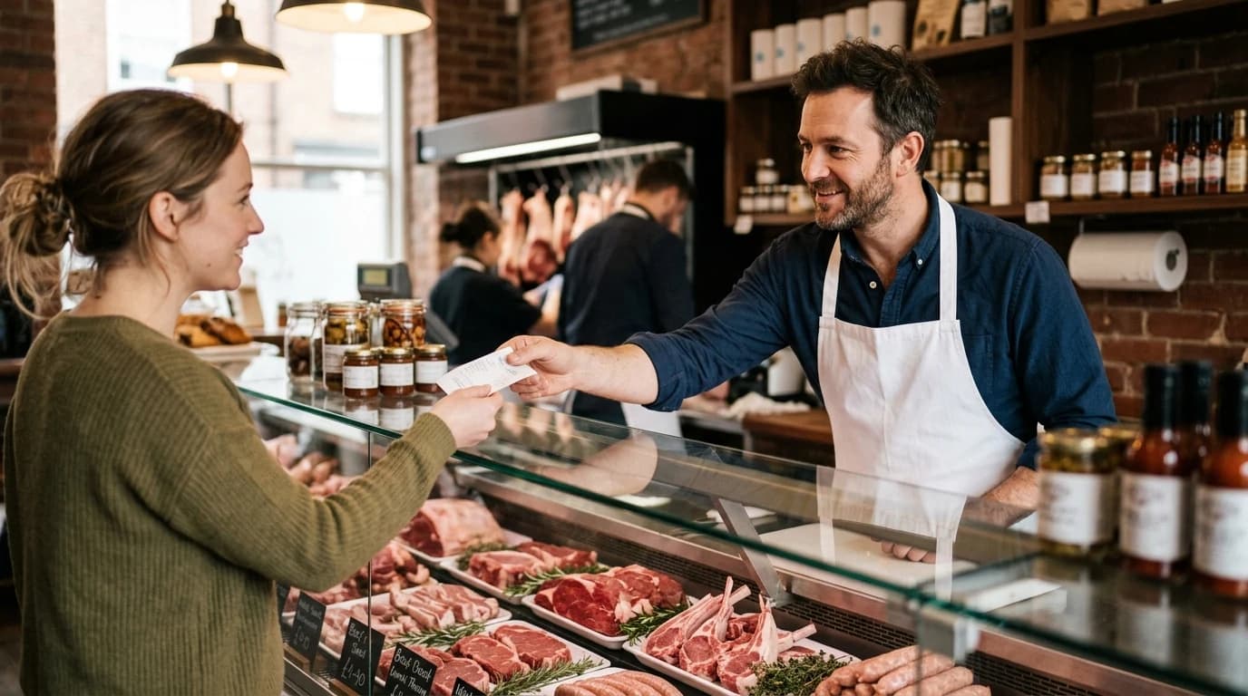 Kasir u mesari izdaje fiskalni račun kupcu