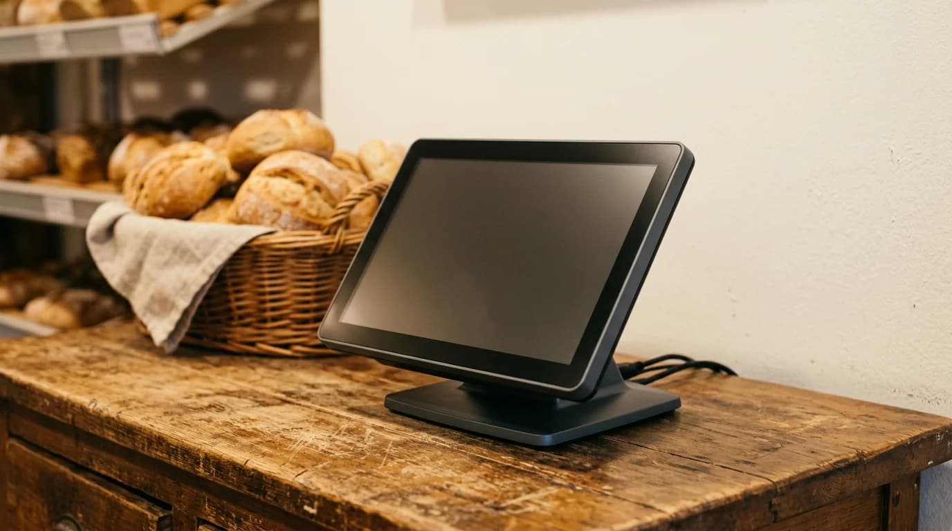 Android POS terminal sa praznim ekranom na pultu pekare