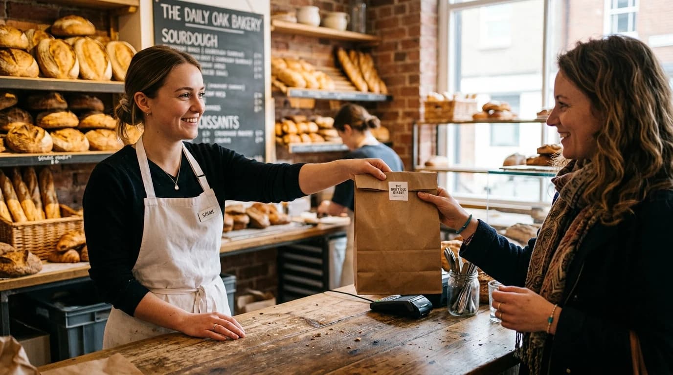 Prodavačica u pekari predaje papirnu kesu kupcu