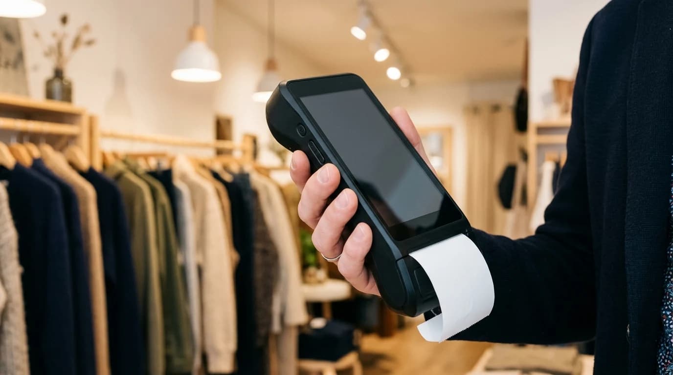 Preduzetnik drži mobilni Android POS uređaj u radnji