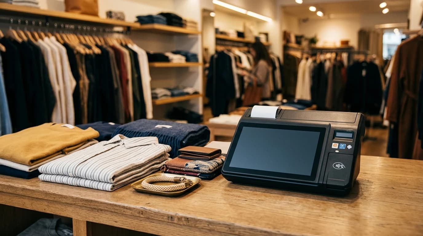Android POS terminal na drvenom pultu prodavnice odeće