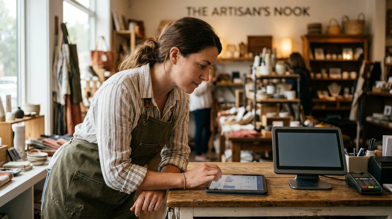 Vlasnik radnje proverava podešavanja na POS terminalu