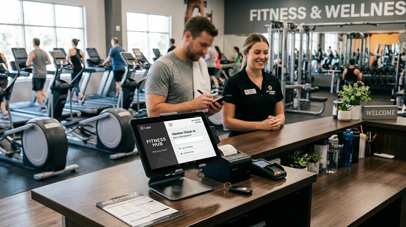 Android POS terminal na recepciji fitnes kluba