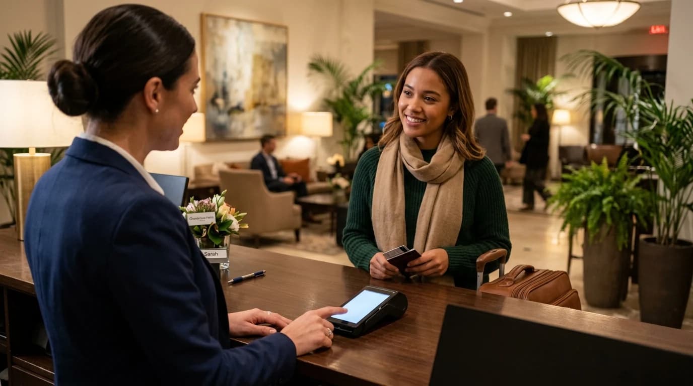 Recepcioner koristi POS terminal pri prijavi gosta u hotel