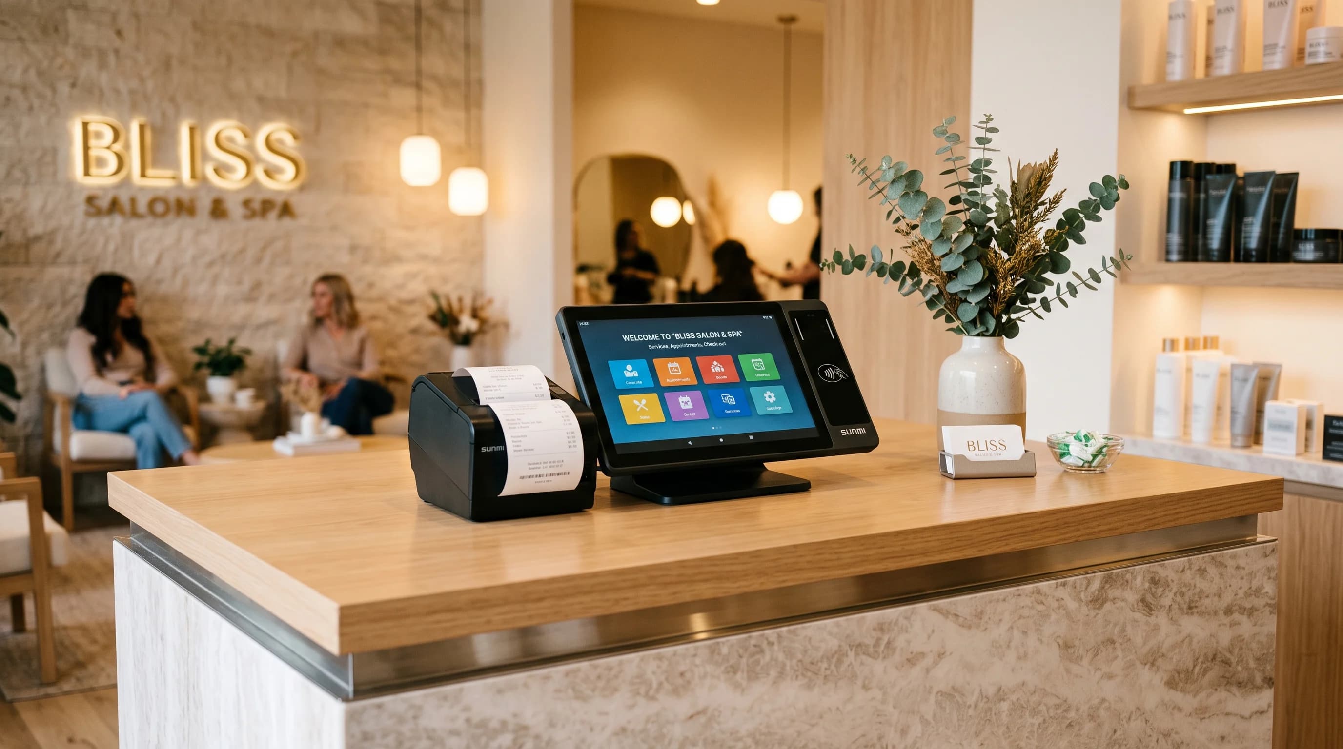 Kompaktni POS terminal na recepciji masažnog salona