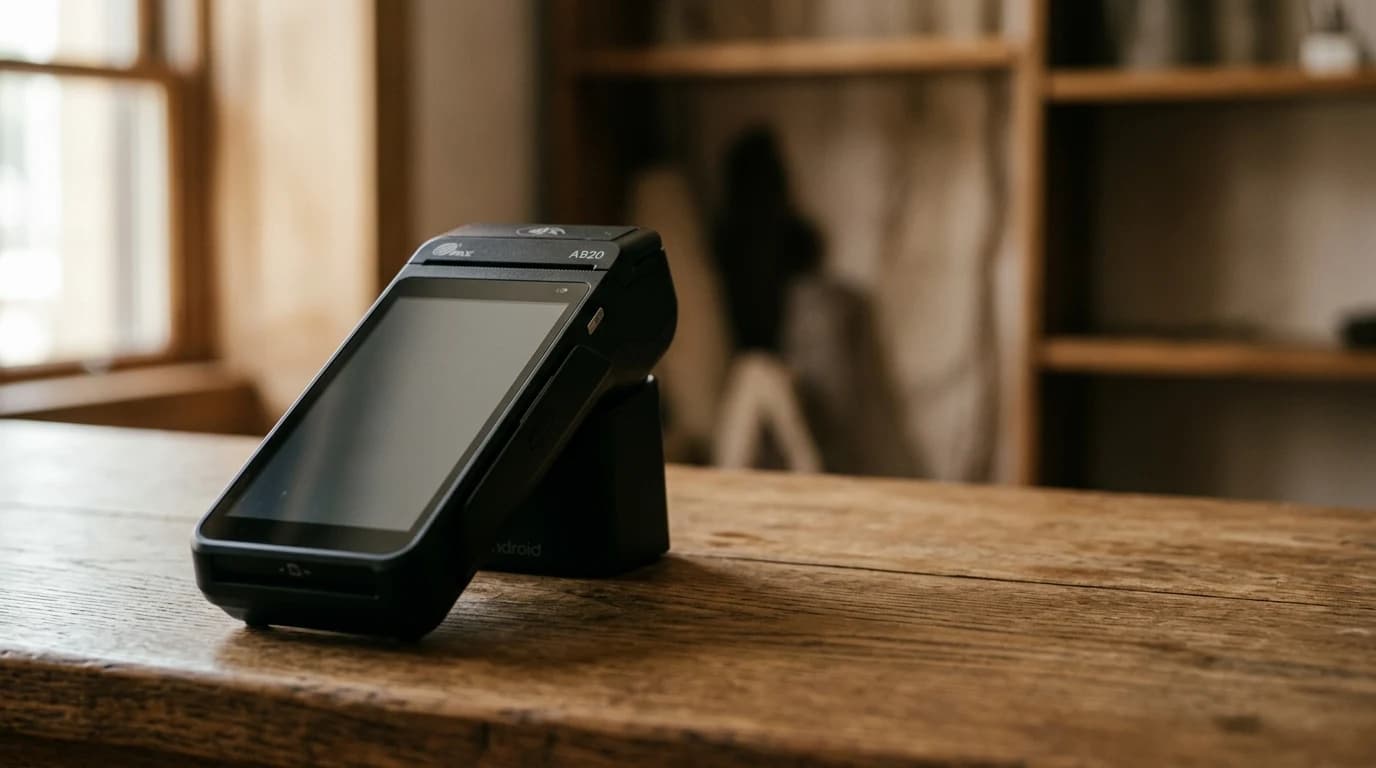 Android fiskalna kasa sa praznim ekranom na drvenom pultu