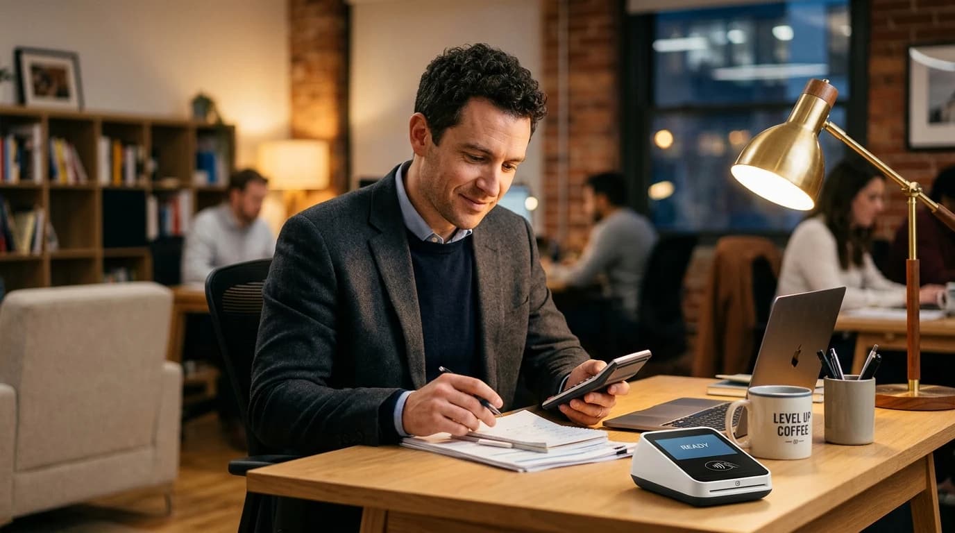 Preduzetnik pregleda dokumentaciju pored fiskalne kase na radnom stolu