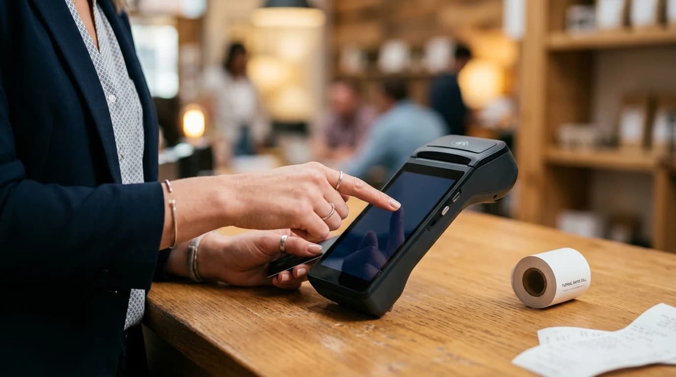 Ruke koje koriste ePos Android POS terminal za generisanje izveštaja