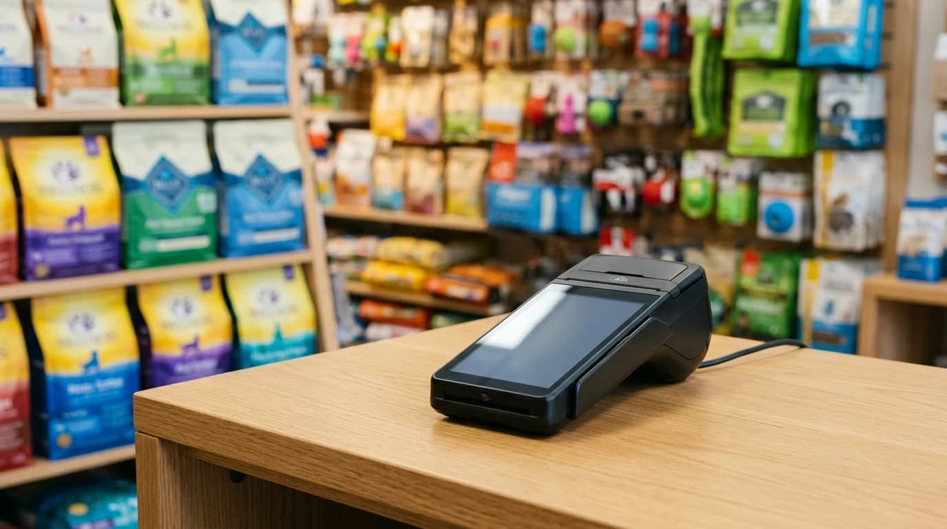 Android POS terminal na pultu pet shopa sa policama u pozadini