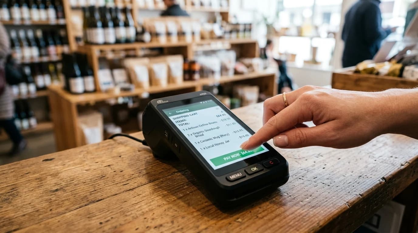 Ruka dodiruje ekran Android POS kase sa listom artikala u korpi
