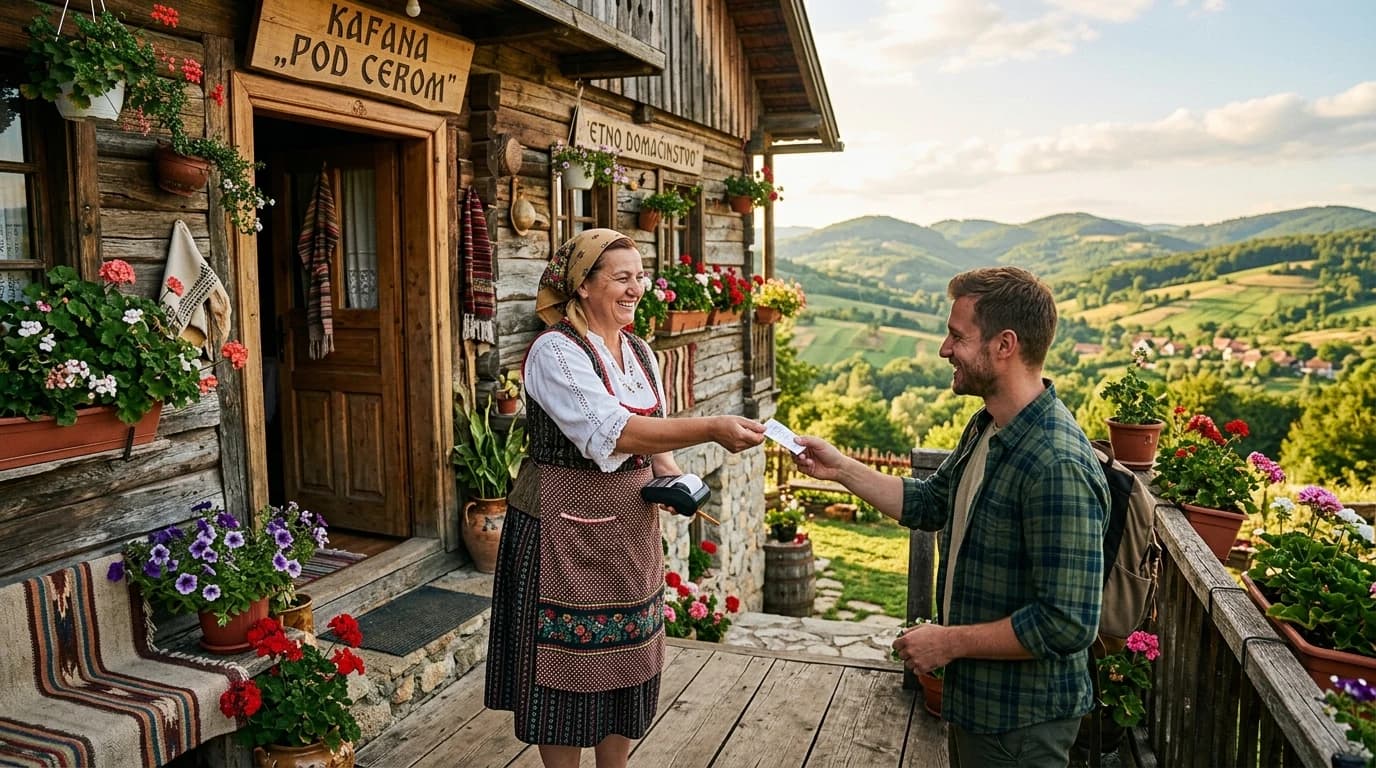 Vlasnica seoskog domaćinstva izdaje fiskalni račun gostu