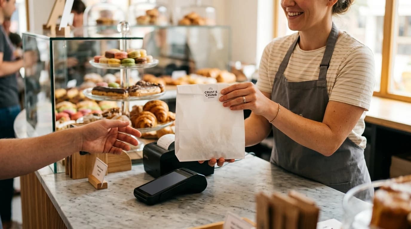 Prodavac predaje vrećicu s kolačima kupcu, fiskalna kasa na šalteru
