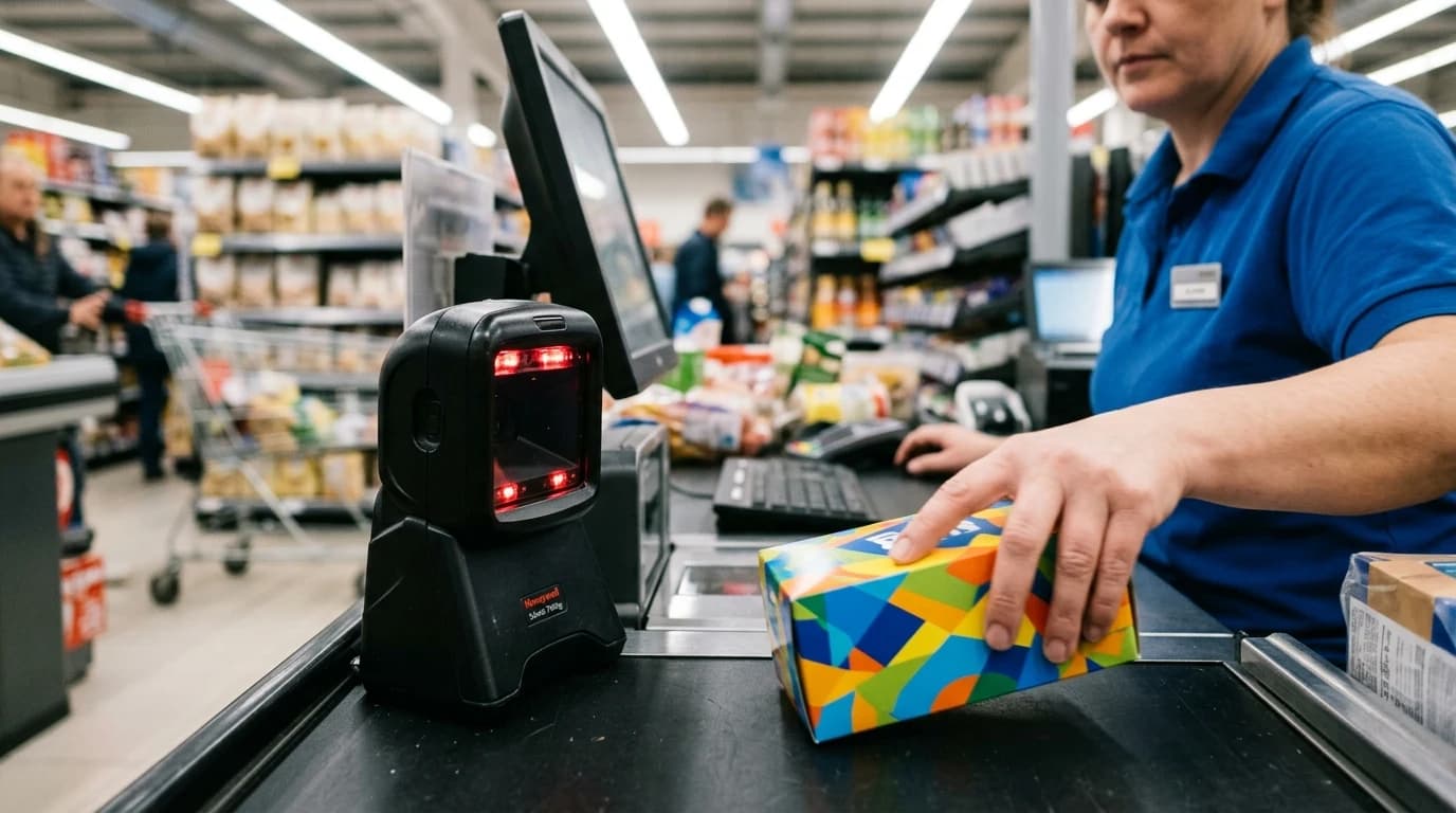 Omnidirekcioni desktop barkod skener na pultu supermarketa dok kasirka prevlači artikal preko njega