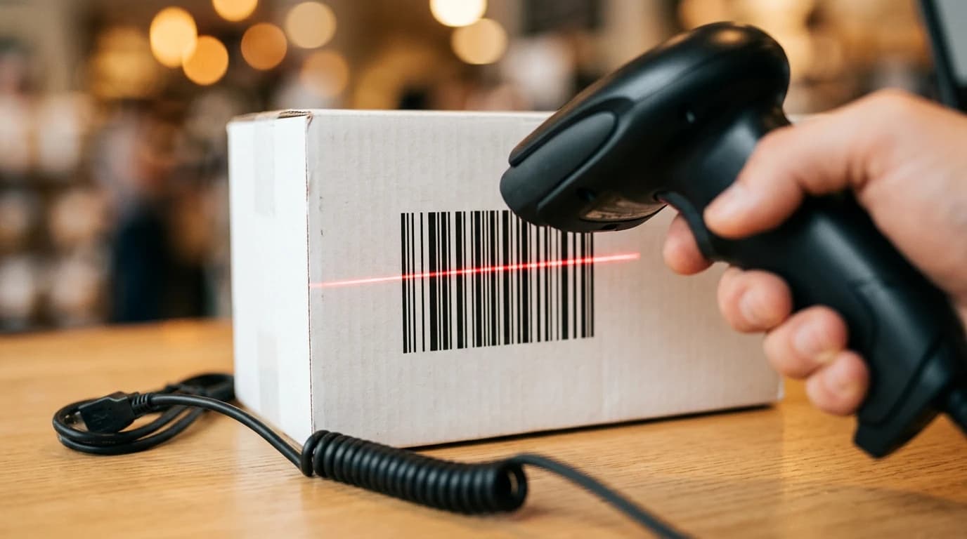 Krupni plan žičanog barkod skenera koji crvenim laserom skenira pakovanje sa apstraktnim crnim linijama