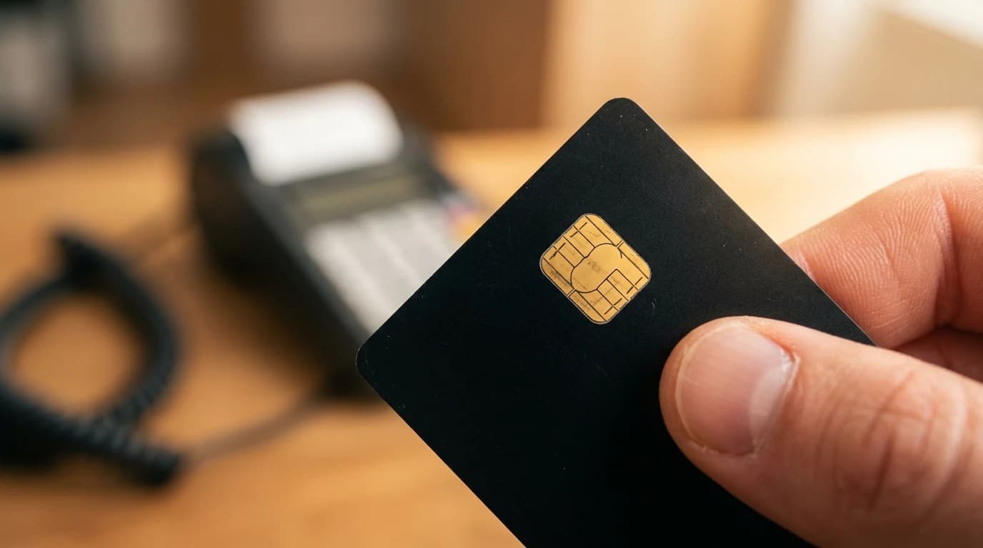 Krupni plan pametne kartice sa zlatnim čipom koja predstavlja bezbednosni element