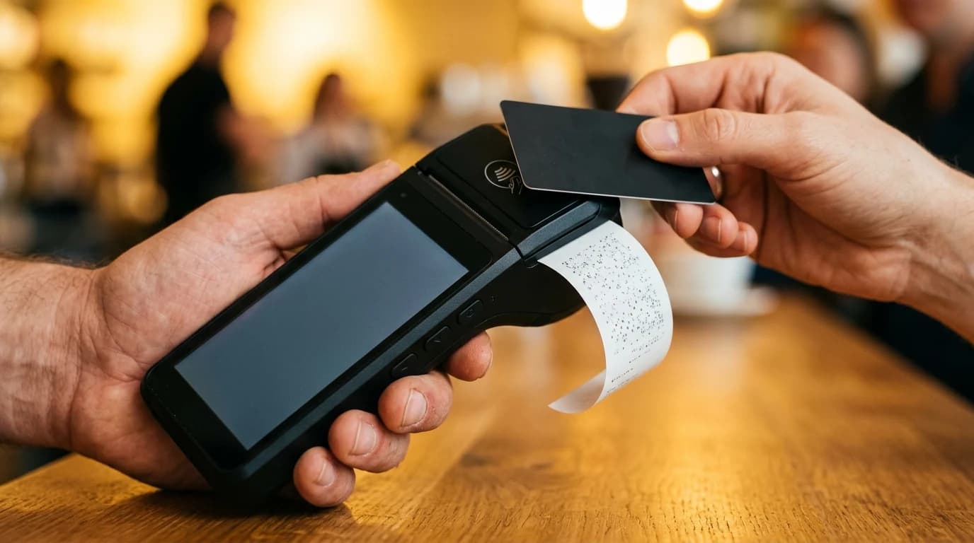 Krupni plan ruke koja prislanja karticu na handheld POS terminal sa termalnim računom u izlazu