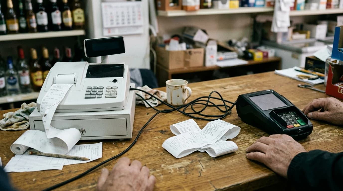 Pretrpan radni pult sa dve zasebne fiskalne kase i POS terminala koji su povezani kablovima
