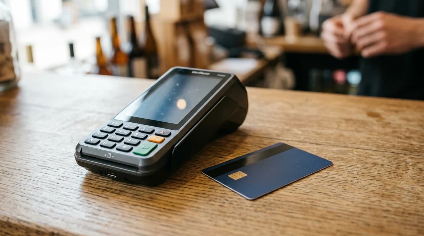 Kompaktna fiskalna kasa i platna kartica na drvenom pultu radnje