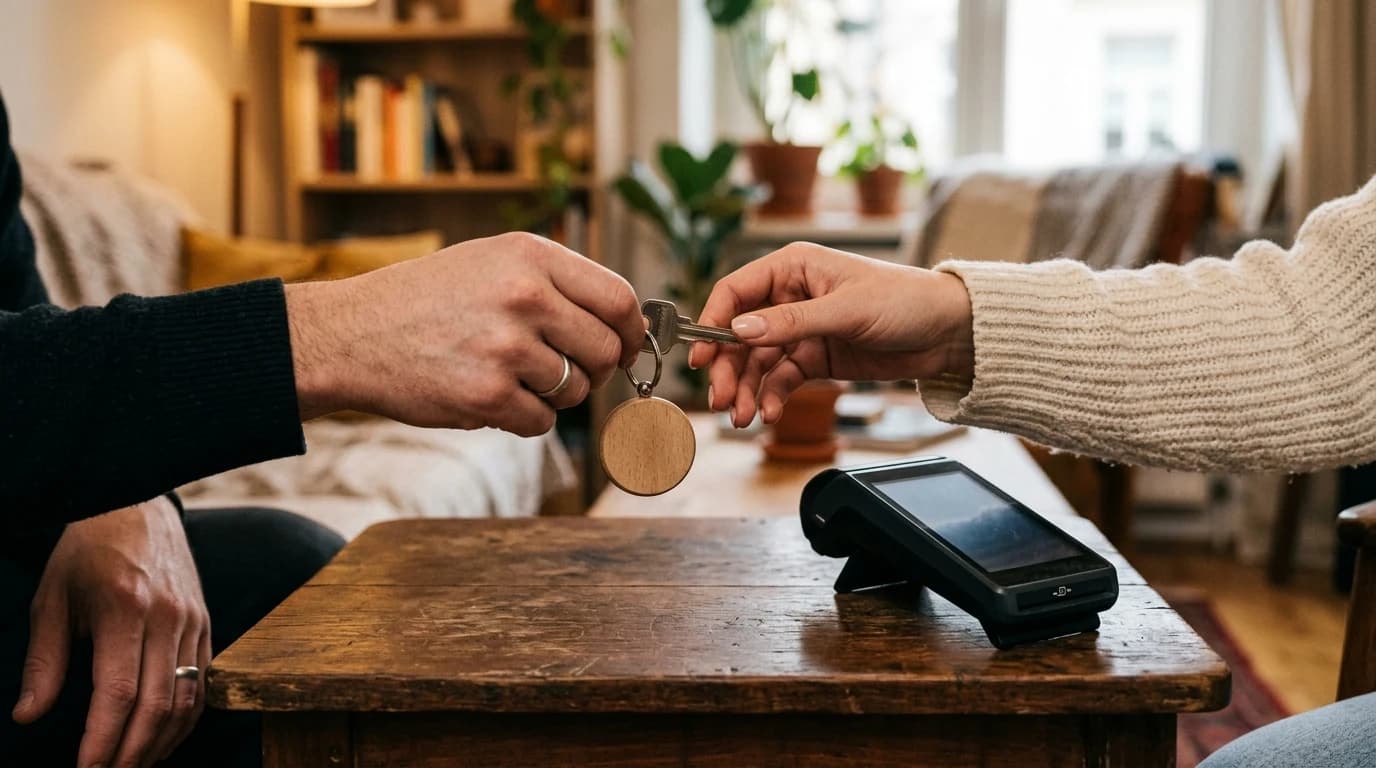 Ruka koja pruža ključ od apartmana gostu uz mobilnu fiskalnu kasu na stolu