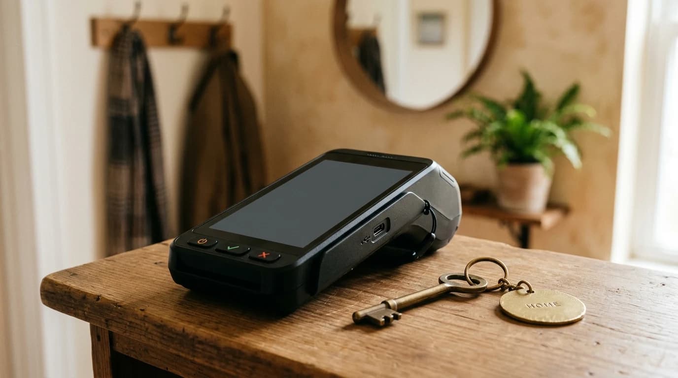 Mobilna Android fiskalna kasa na recepcijskom pultić apartmana uz ključ i mapu