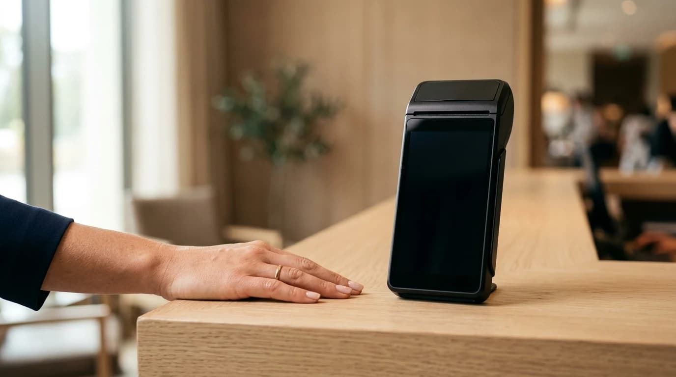 Android fiskalna kasa sa ugašenim ekranom na pultu recepcije