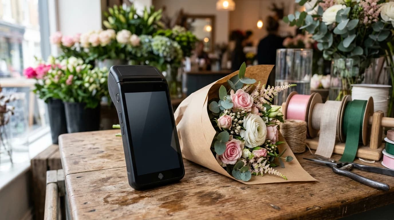 Kompaktna Android POS fiskalna kasa ZCS Z92 na pultu cvećare pored buketa