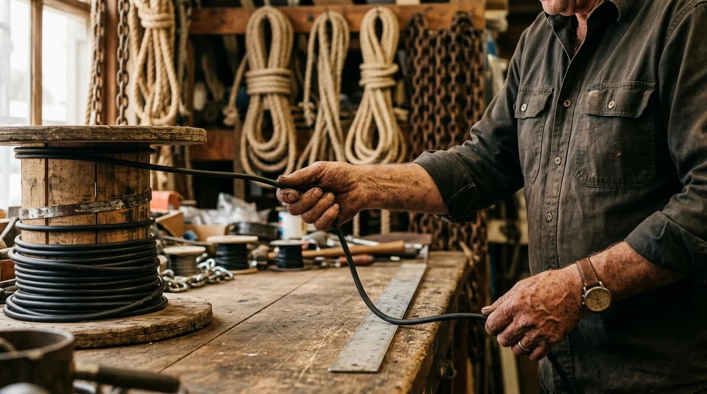 Prodavac odmotava i meri kabl sa drvenog kalema u gvožđari