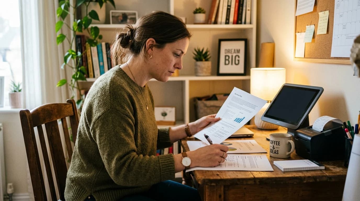 Preduzetnik paušalac za stolom sa fiskalnom kasom i dokumentima