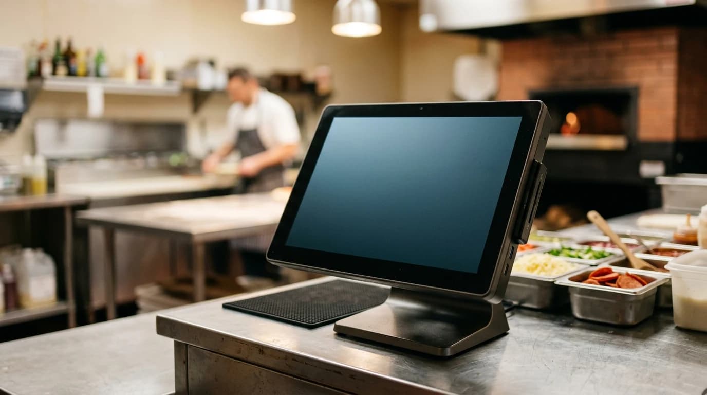 Android POS terminal na šalteru picerije tokom gužve