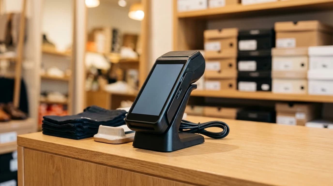 Android POS terminal na pultu prodavnice obuće sa kutijama na policama