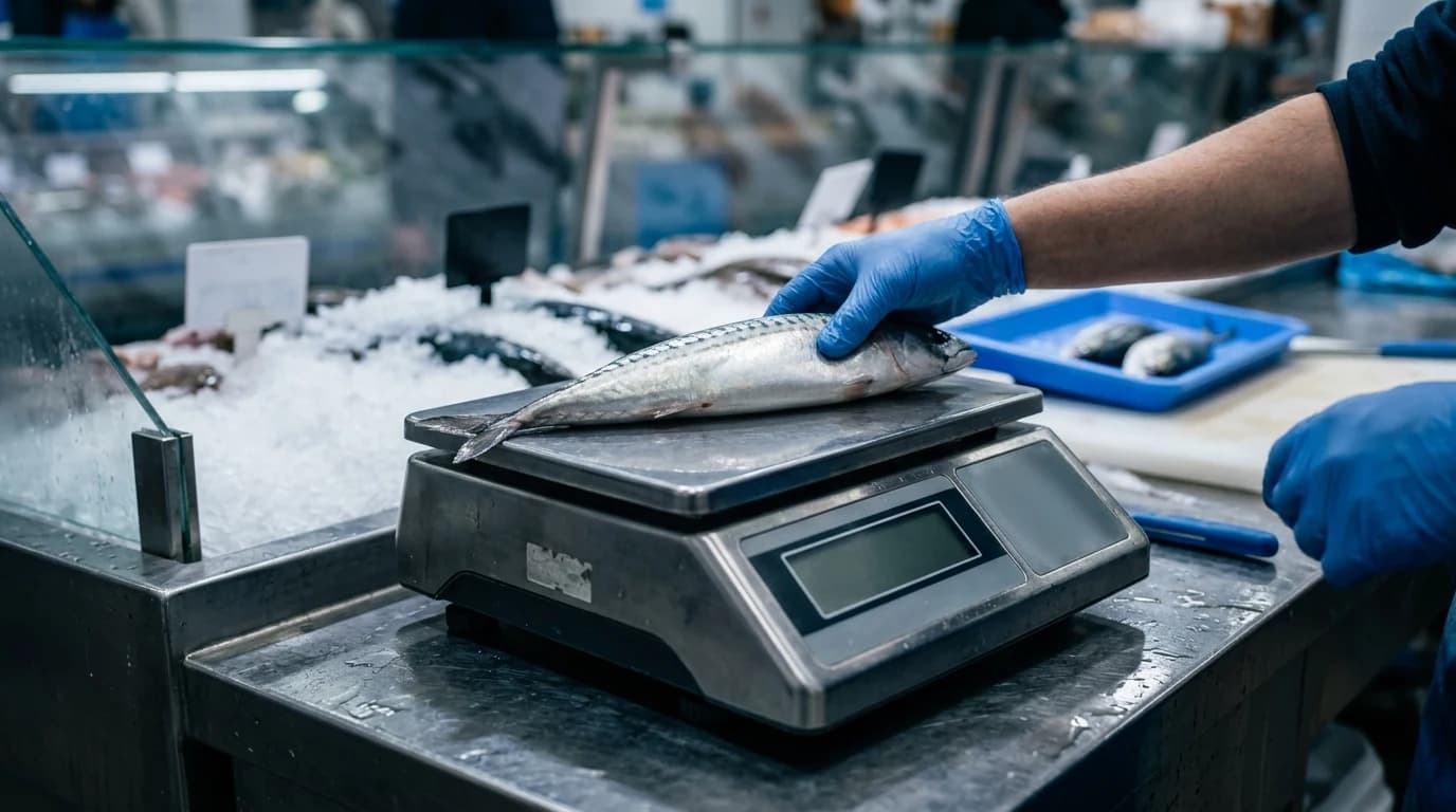 Prodavac u ribarnici vaga svežu ribu na digitalnoj vagi pored pulta sa ledom