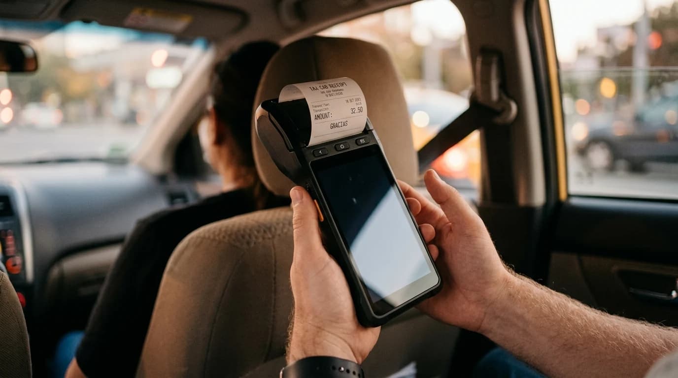 Taxi vozač drži mobilnu fiskalnu kasu i štampa fiskalni račun putniku