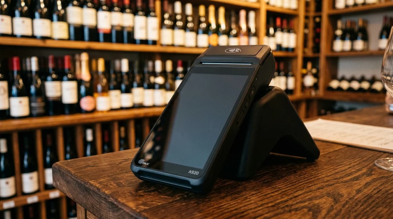 Android fiskalna kasa na pultu vinoteke sa policama vina u pozadini