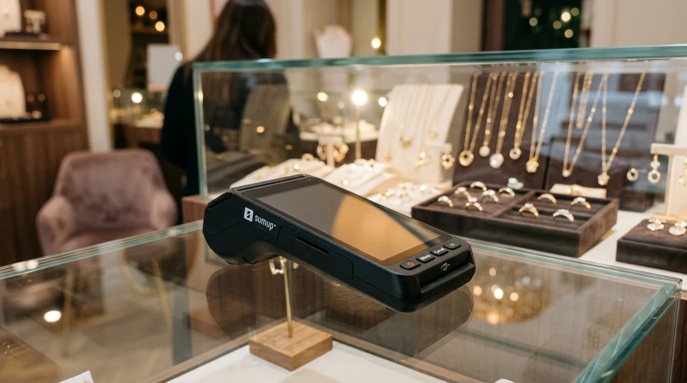 Android fiskalna kasa na pultu zlatare sa nakitom u pozadini