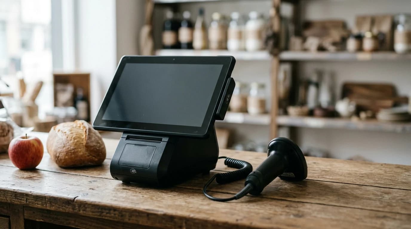 Android POS fiskalna kasa i barkod skener na pultu minimarketa
