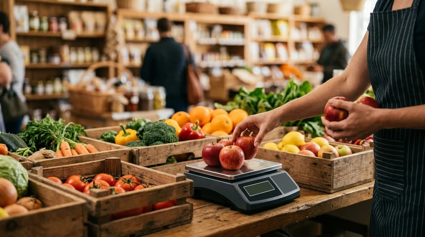 Merenje jabuka na digitalnoj vagi u minimarketu